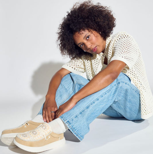 Women Wendy Comf Suede Crochet - Irish Cream/Multi | HEYDUDE