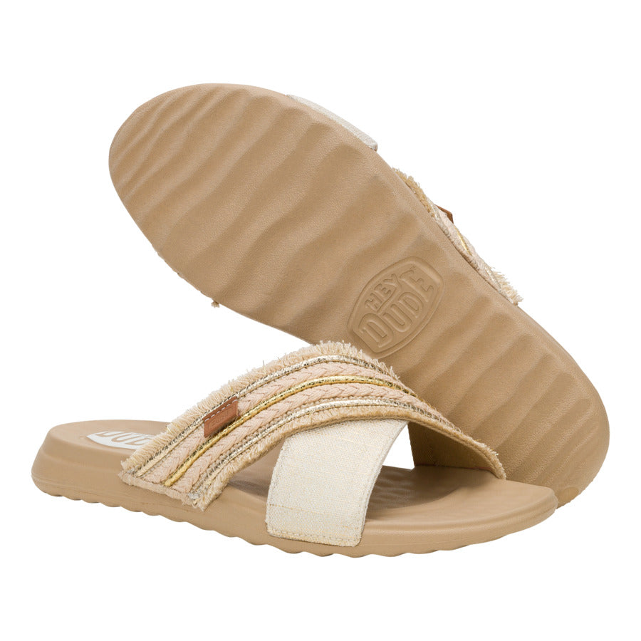 Women Christi Slide Novelty Fringe - Natural/Gold | HEYDUDE