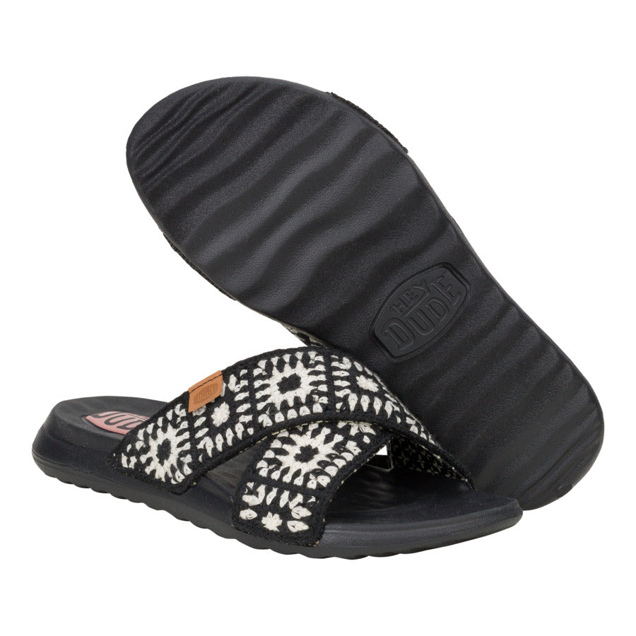 Women Christi Slide Cottage Crochet - Black/White | HEYDUDE